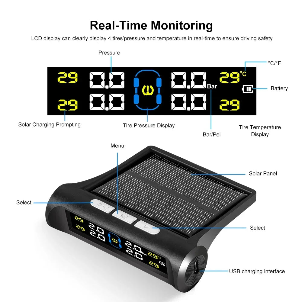 Intelligent TPMS Solar Tyre Pressure Monitoring System Parking Sensors for Cars Temperature Tire Air Pressure Gauge