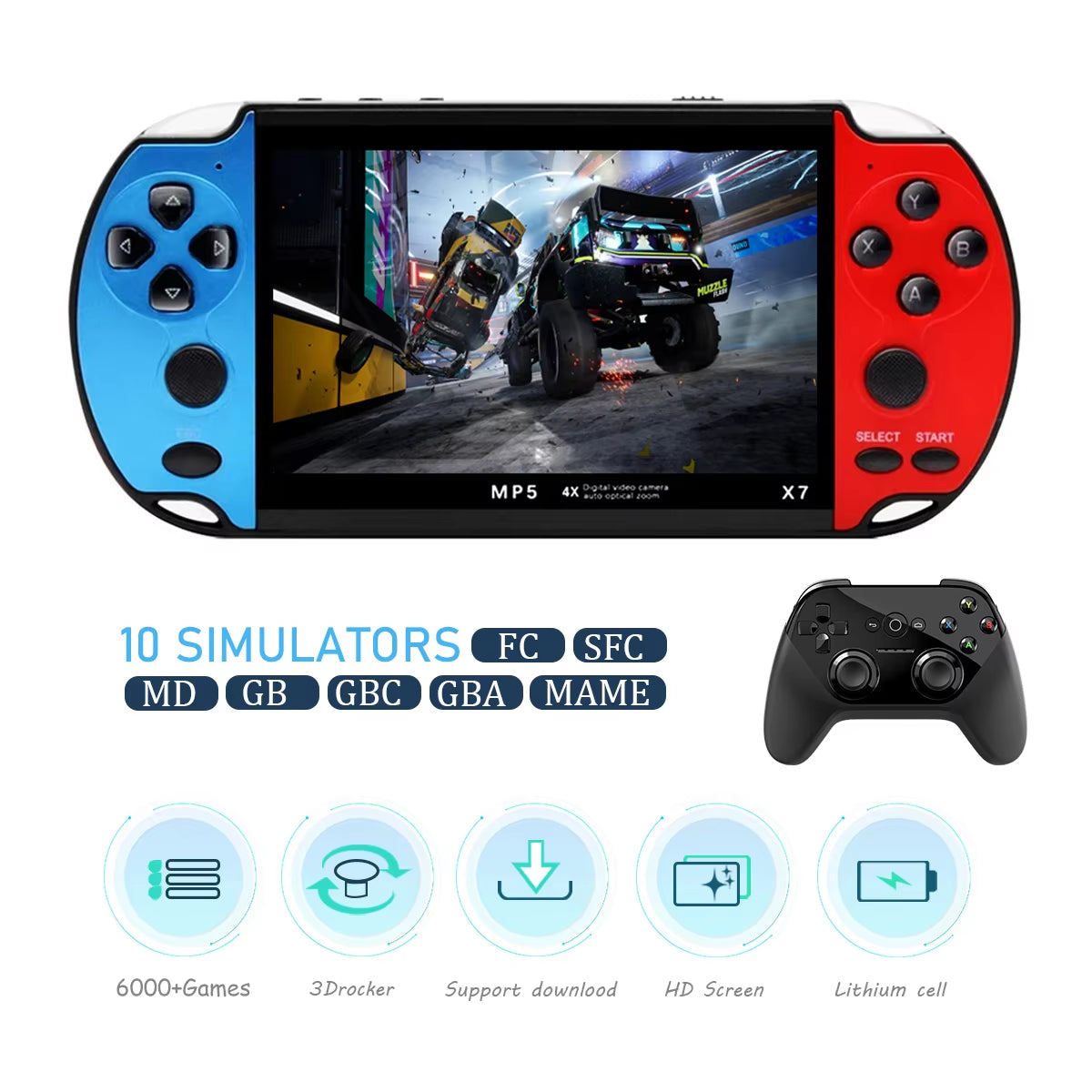 X7 4.3Inch Handheld Game Console IPS Screen Video Game Player HD Game Console Built-In 10000 Games for GBA GBC NES GBC