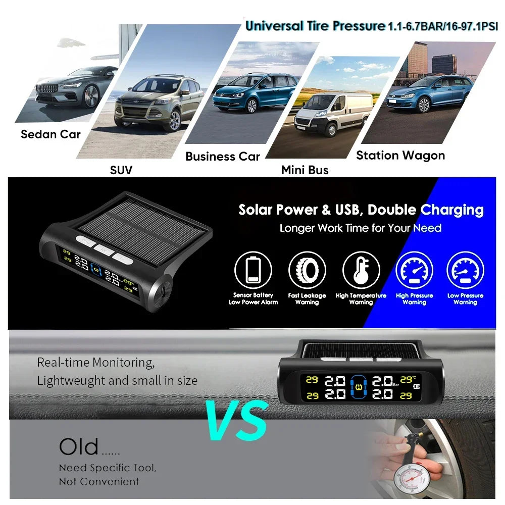 Intelligent TPMS Solar Tyre Pressure Monitoring System Parking Sensors for Cars Temperature Tire Air Pressure Gauge